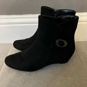 Black Suede Booties Wedge Heel with Buckle Size 8.5